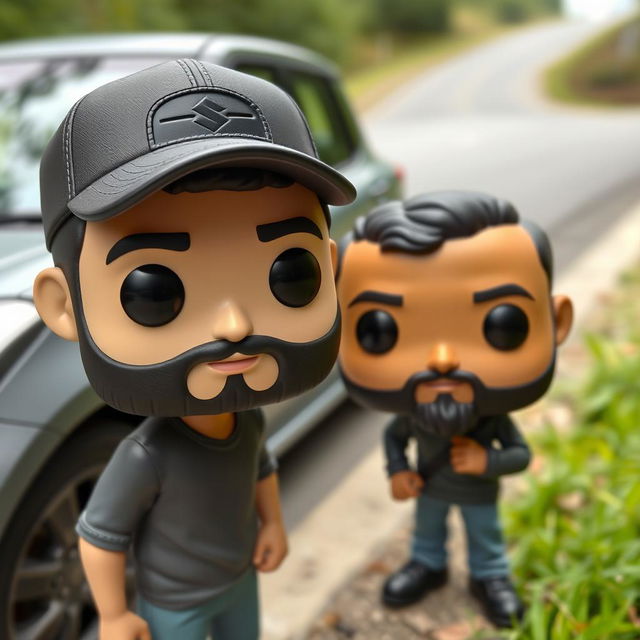 A Funko Pop figure of a man in his 30s with short black beard and light skin tone, wearing a black cap