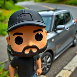 A Funko Pop figure of a man in his 30s with short black beard and light skin tone, wearing a black cap