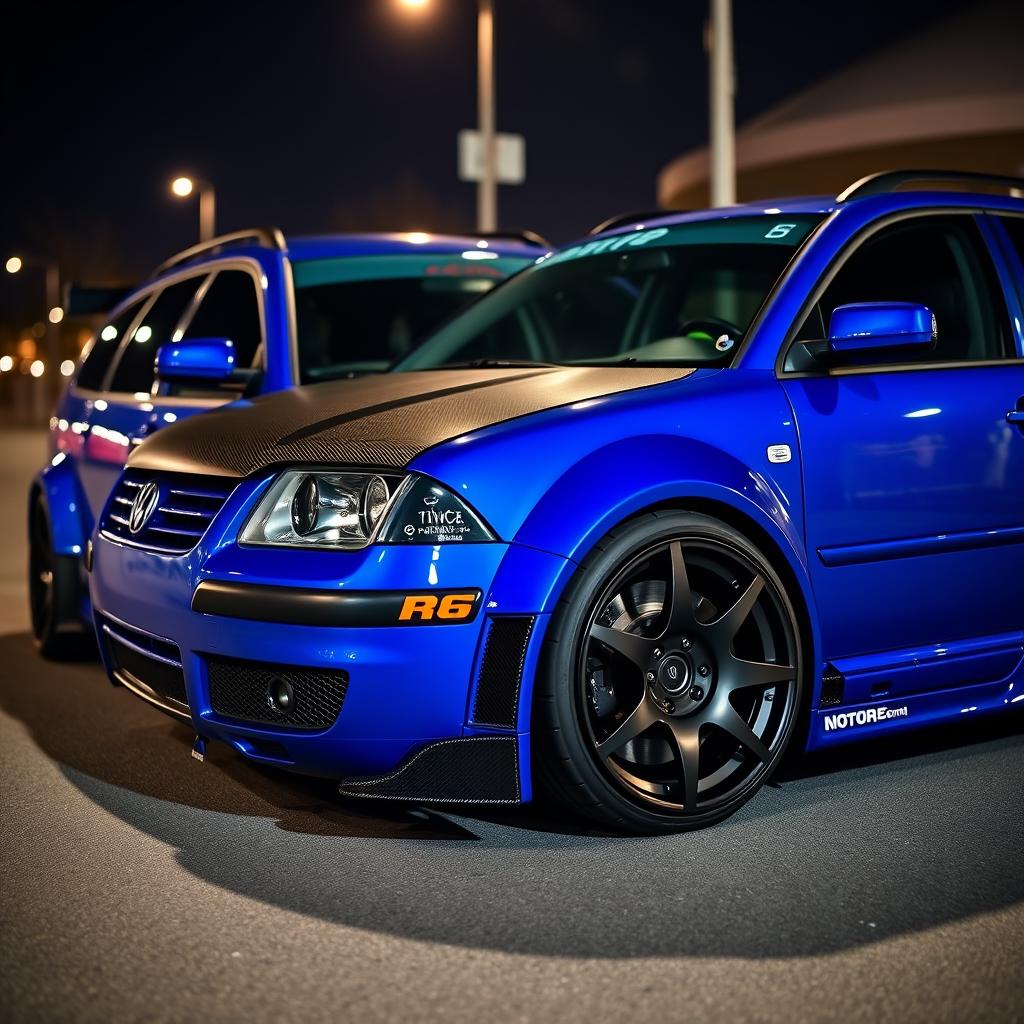 A striking blue 2001 VW Passat R36 wagon, modified into a stunning drift car