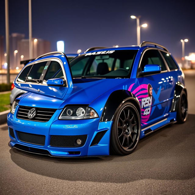 A striking blue 2001 VW Passat R36 wagon, modified into a stunning drift car