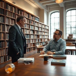 A quiet library scene featuring a man sitting at a wooden table, engaged in conversation with another man who is standing on the opposite side