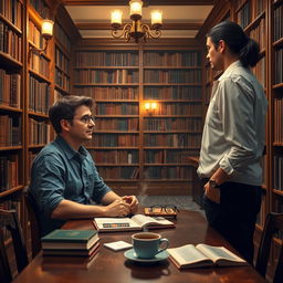 A man sitting at a wooden table in a cozy library, engaging in conversation with another man who is standing on the opposite side