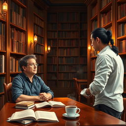 A man sitting at a wooden table in a cozy library, engaging in conversation with another man who is standing on the opposite side