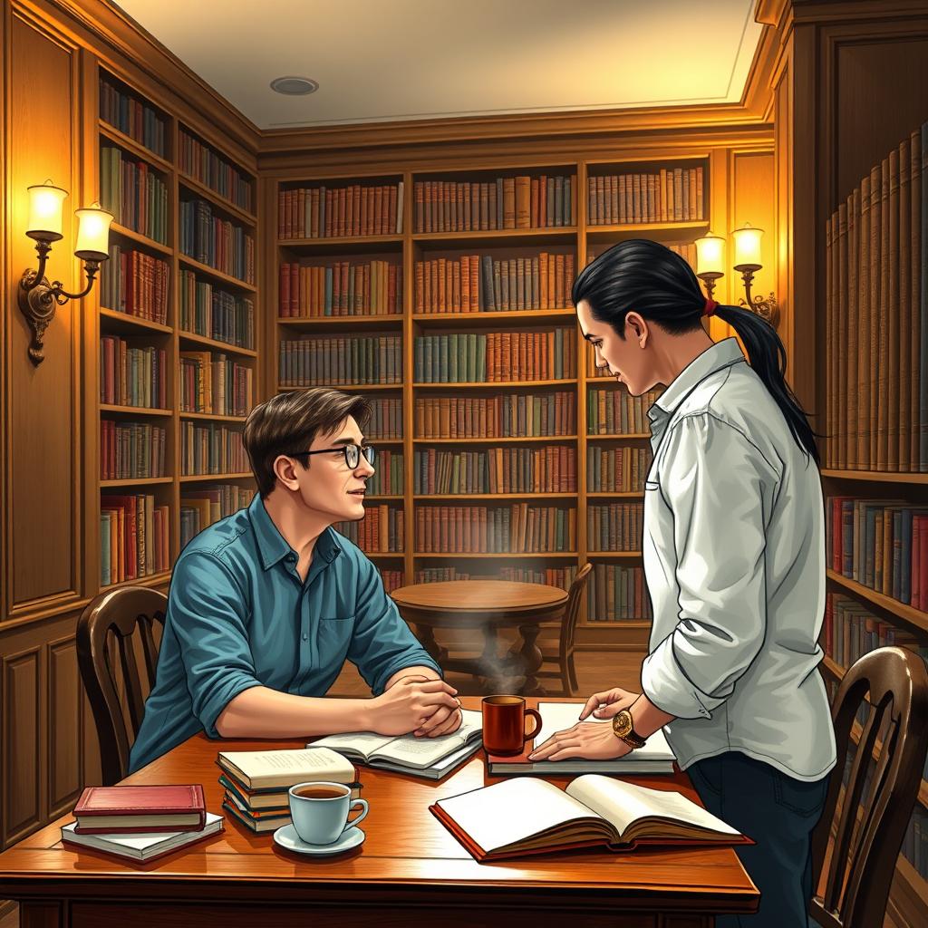 A man sitting at a wooden table in a cozy library, engaging in conversation with another man who is standing on the opposite side