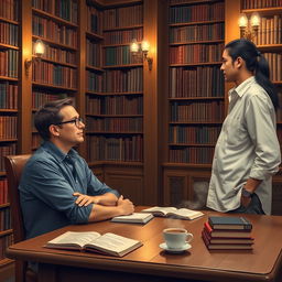 A man sitting at a wooden table in a cozy library, engaging in conversation with another man who is standing on the opposite side