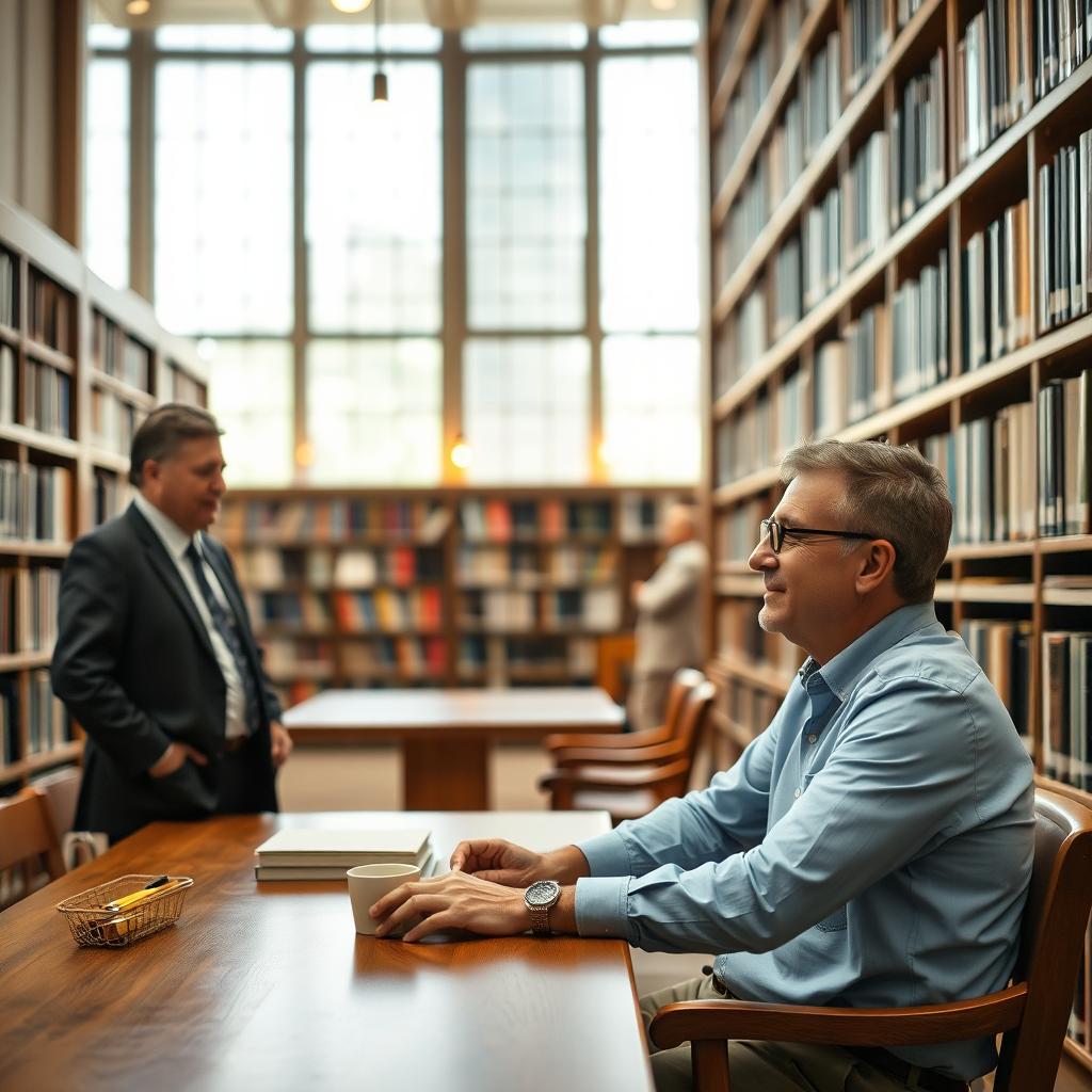 A quiet library scene featuring a man sitting at a wooden table, engaged in conversation with another man who is standing on the opposite side