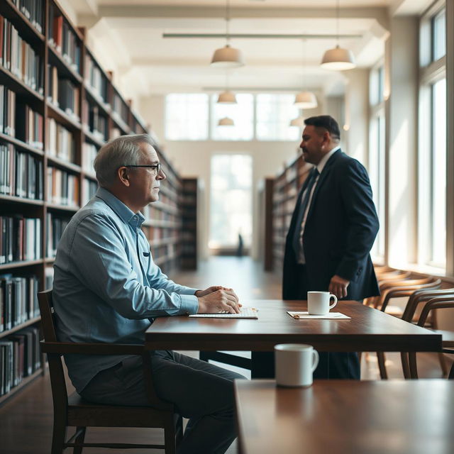 A quiet library scene featuring a man sitting at a wooden table, engaged in conversation with another man who is standing on the opposite side