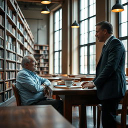 A quiet library scene featuring a man sitting at a wooden table, engaged in conversation with another man who is standing on the opposite side