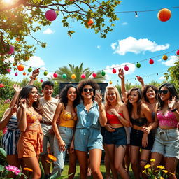 A vibrant and dynamic scene featuring a group of stylish young people, all in fashionable outfits expressing an energetic vibe