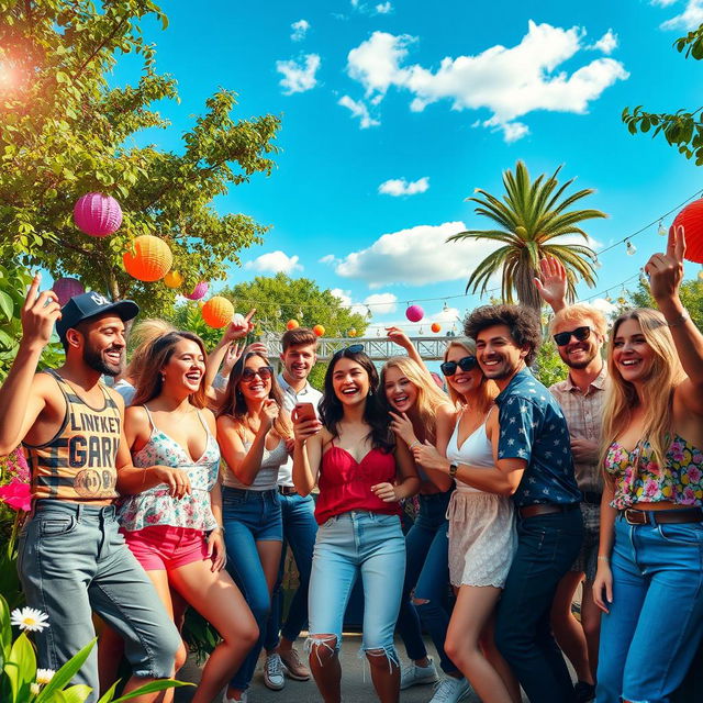 A vibrant and dynamic scene featuring a group of stylish young people, all in fashionable outfits expressing an energetic vibe