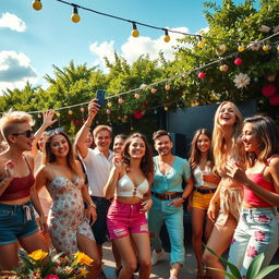 A vibrant and dynamic scene featuring a group of stylish young people, all in fashionable outfits expressing an energetic vibe
