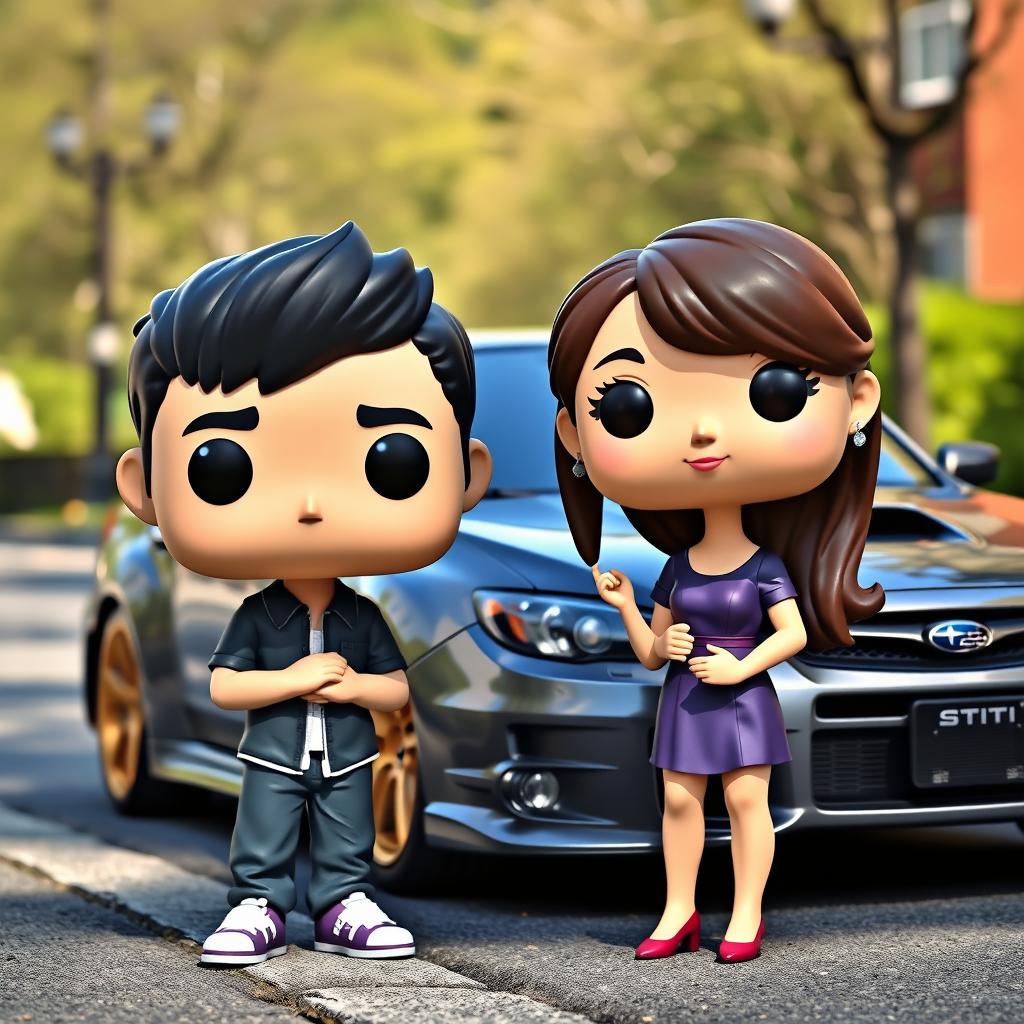 A Funko Pop-style figure of a 20-year-old boy with short black hair next to a Funko Pop-style figure of a Chinese girl with long hair