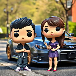 A Funko Pop-style figure of a 20-year-old boy with short black hair next to a Funko Pop-style figure of a Chinese girl with long hair