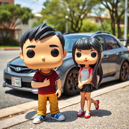 A Funko Pop-style figure of a 20-year-old boy with short black hair next to a Funko Pop-style figure of a Chinese girl with long hair