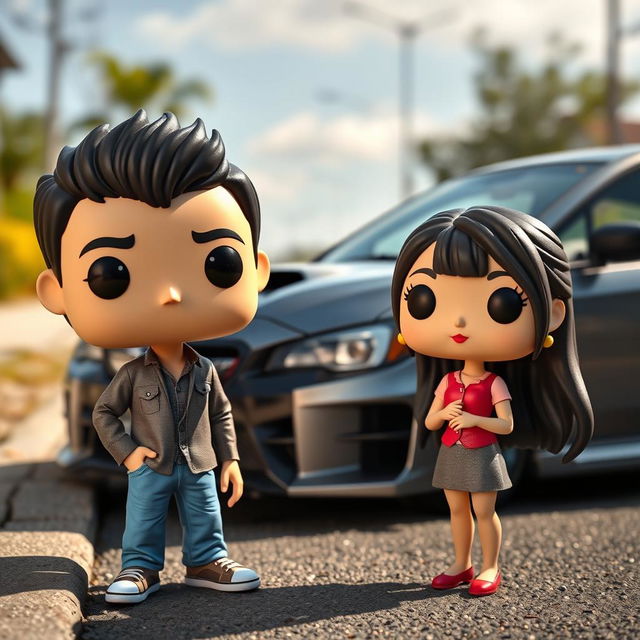 A Funko Pop-style figure of a 20-year-old boy with short black hair next to a Funko Pop-style figure of a Chinese girl with long hair