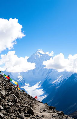 A breathtaking panoramic view of Mount Everest towering majestically into the sky, surrounded by snow-capped peaks and a clear blue sky
