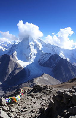 A breathtaking panoramic view of Mount Everest towering majestically into the sky, surrounded by snow-capped peaks and a clear blue sky