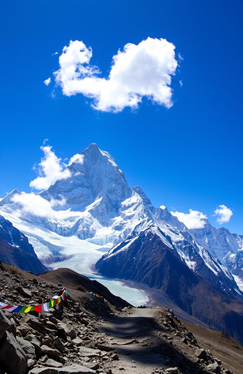 A breathtaking panoramic view of Mount Everest towering majestically into the sky, surrounded by snow-capped peaks and a clear blue sky