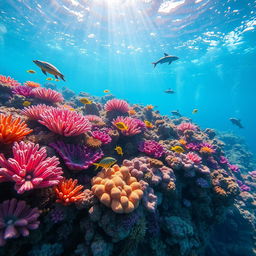 A vibrant underwater scene featuring a colorful coral reef, teeming with diverse marine life such as tropical fish, sea turtles, and playful dolphins