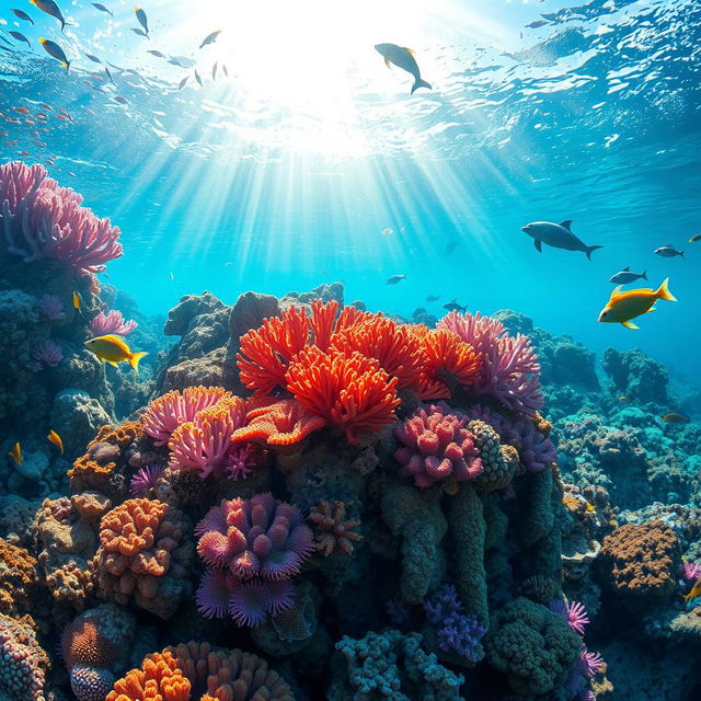 A vibrant underwater scene featuring a colorful coral reef, teeming with diverse marine life such as tropical fish, sea turtles, and playful dolphins