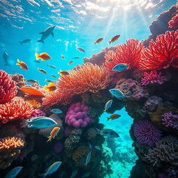 A vibrant underwater scene featuring a colorful coral reef, teeming with diverse marine life such as tropical fish, sea turtles, and playful dolphins