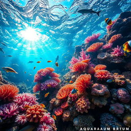 A vibrant underwater scene featuring a colorful coral reef, teeming with diverse marine life such as tropical fish, sea turtles, and playful dolphins