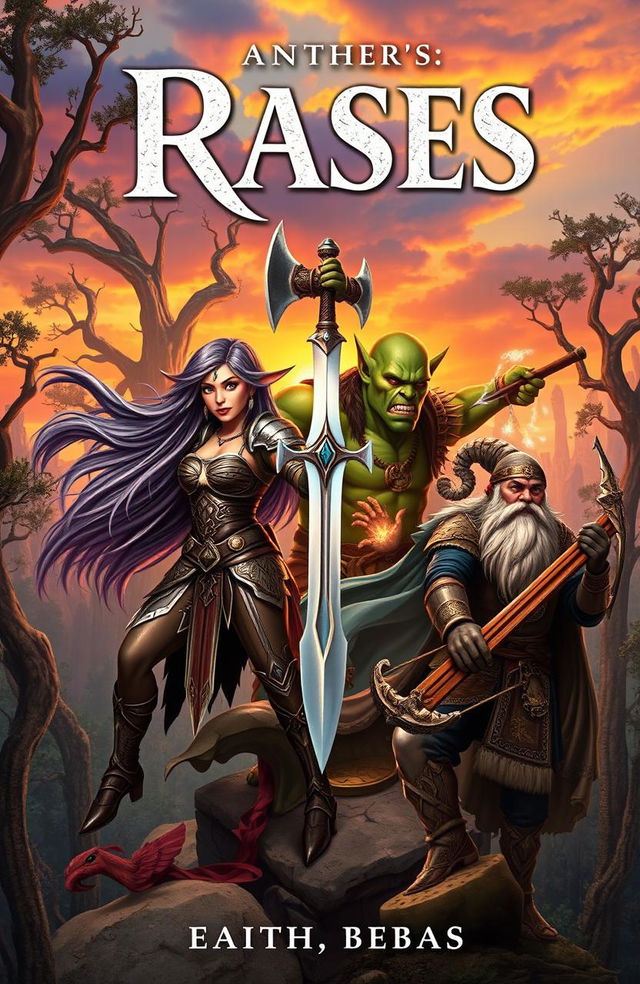 A captivating book cover featuring a dramatic scene of four distinct races in a fantasy setting