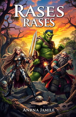 A captivating book cover featuring a dramatic scene of four distinct races in a fantasy setting