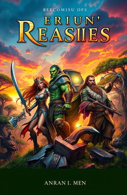 A captivating book cover featuring a dramatic scene of four distinct races in a fantasy setting