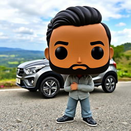 A Funko Pop figure of a 20-year-old male character with short black hair and a beard, designed in the signature oversized head and small body style of Funko figures