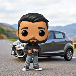 A Funko Pop figure of a 20-year-old male character with short black hair and a beard, designed in the signature oversized head and small body style of Funko figures