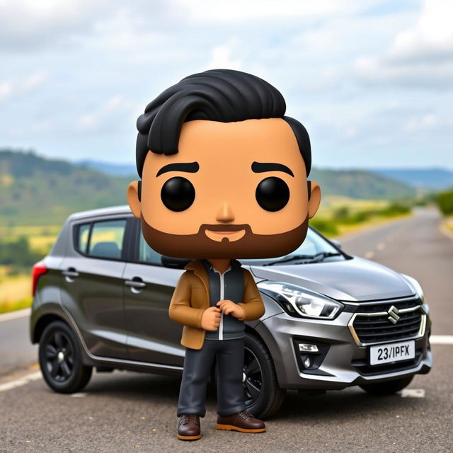 A Funko Pop figure of a 20-year-old male character with short black hair and a beard, designed in the signature oversized head and small body style of Funko figures