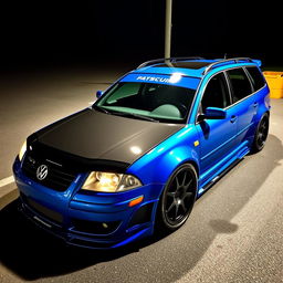 A striking blue 2001 VW Passat R36 wagon designed as a drift car, featuring prominent black fender flares and a captivating drifting livery that enhances its sporty aesthetic