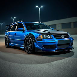 A striking blue 2001 VW Passat R36 wagon designed as a drift car, featuring prominent black fender flares and a captivating drifting livery that enhances its sporty aesthetic