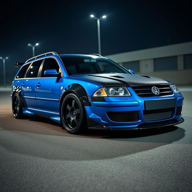 A striking blue 2001 VW Passat R36 wagon designed as a drift car, featuring prominent black fender flares and a captivating drifting livery that enhances its sporty aesthetic