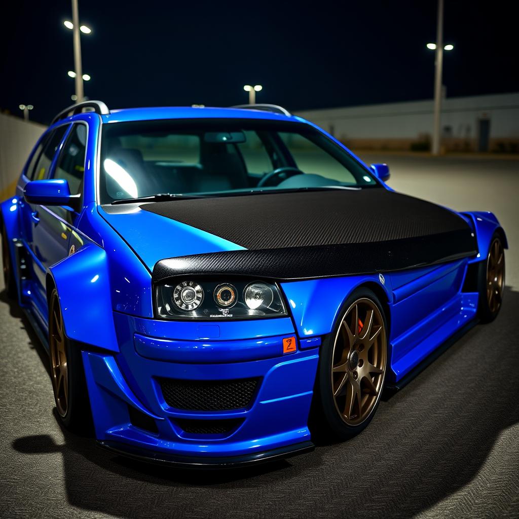 A striking blue 2001 VW Passat R36 wagon designed as a drift car, featuring prominent black fender flares and a captivating drifting livery that enhances its sporty aesthetic