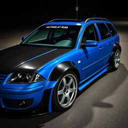 A striking blue 2001 VW Passat R36 wagon designed as a drift car, featuring prominent black fender flares and a captivating drifting livery that enhances its sporty aesthetic