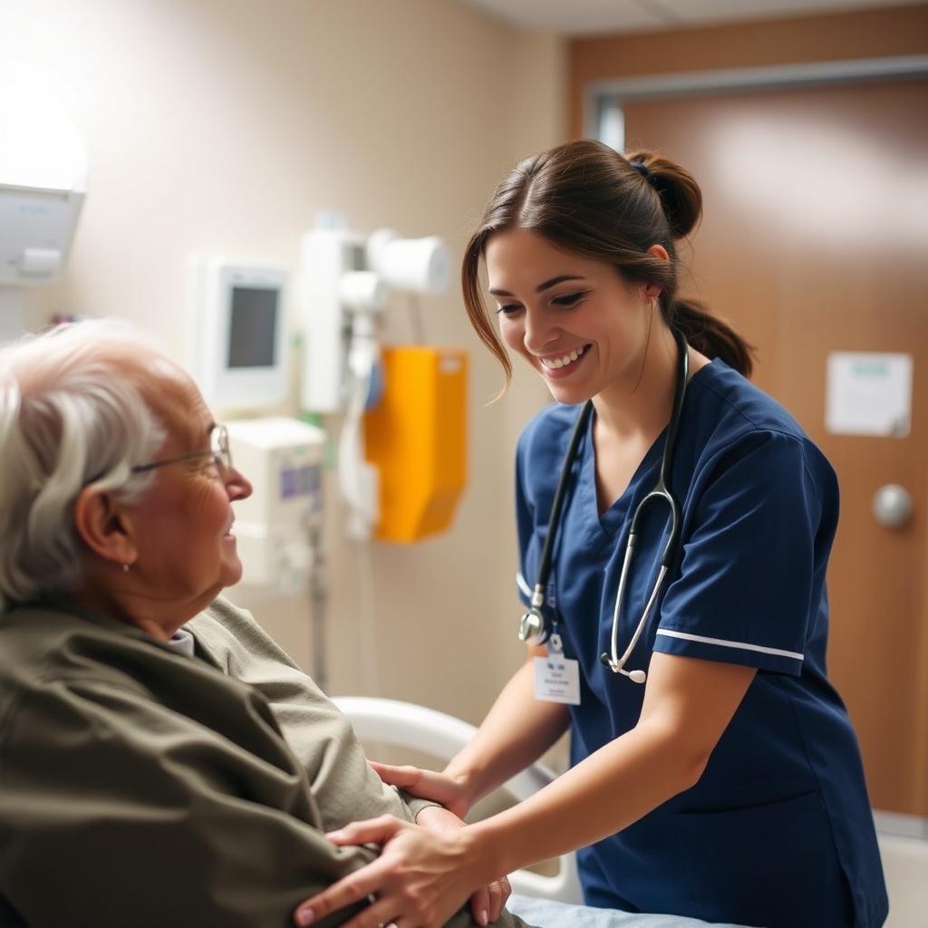 A certified nurse assistant in a hospital setting, wearing scrubs and a stethoscope around their neck