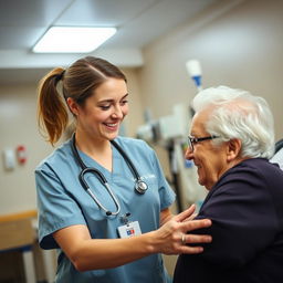 A certified nurse assistant in a hospital setting, wearing scrubs and a stethoscope around their neck