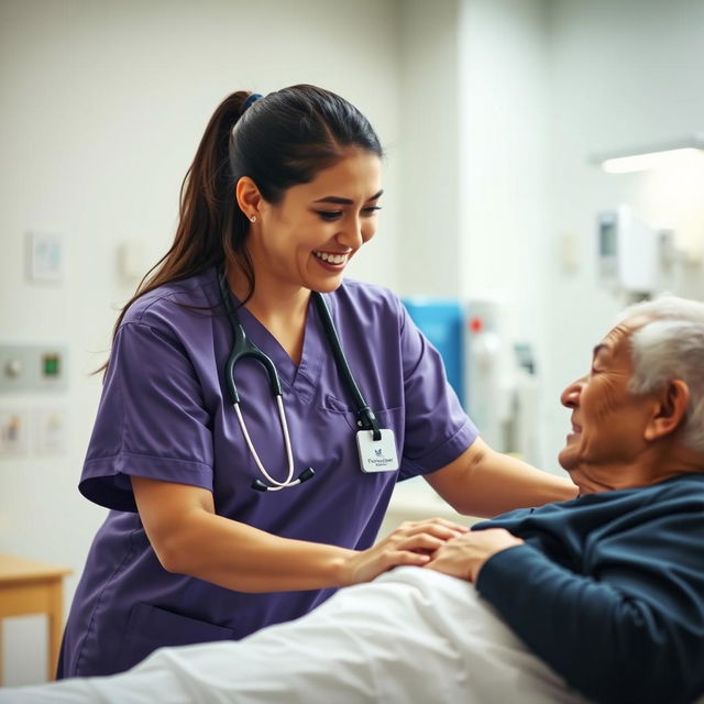 A certified nurse assistant in a hospital setting, wearing scrubs and a stethoscope around their neck