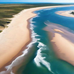 A high-resolution photo capturing a serene beach coast where a river flows into the sea