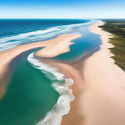 A high-resolution photo capturing a serene beach coast where a river flows into the sea