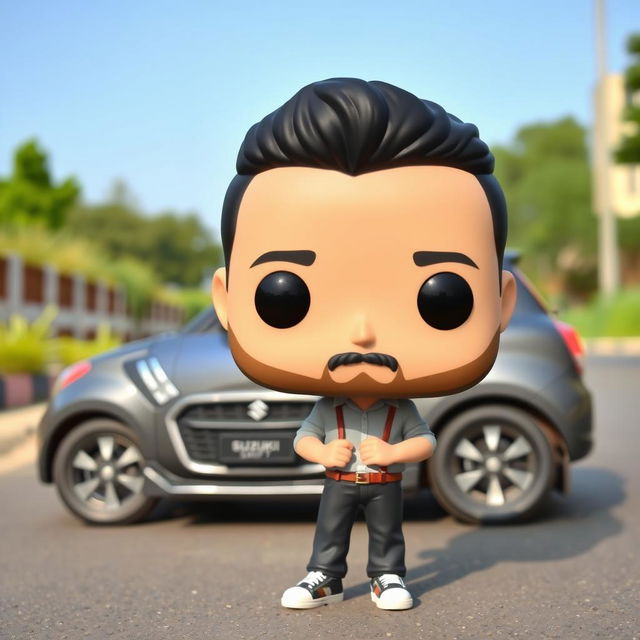 A Funko Pop figure of a 20-year-old young man with short black hair and a beard, standing beside a gray Suzuki Swift Dzire 2023 parked on the road