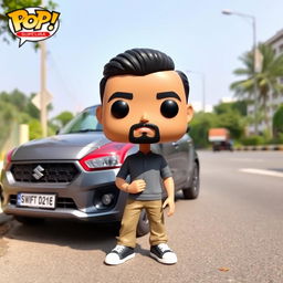 A Funko Pop figure of a 20-year-old young man with short black hair and a beard, standing beside a gray Suzuki Swift Dzire 2023 parked on the road