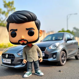 A Funko Pop figure of a 20-year-old young man with short black hair and a beard, standing beside a gray Suzuki Swift Dzire 2023 parked on the road