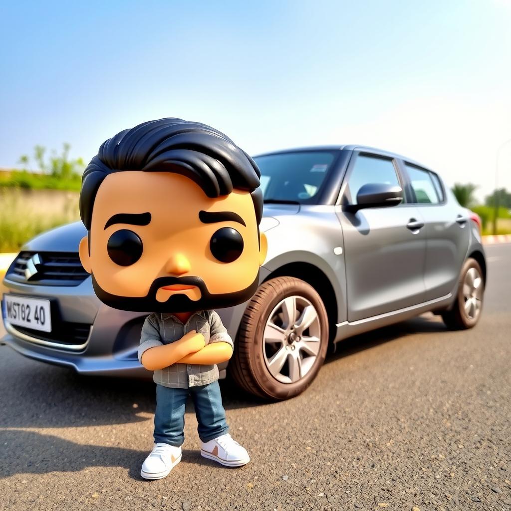 A Funko Pop figure of a 20-year-old young man with short black hair and a beard, standing beside a gray Suzuki Swift Dzire 2023 parked on the road