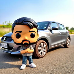 A Funko Pop figure of a 20-year-old young man with short black hair and a beard, standing beside a gray Suzuki Swift Dzire 2023 parked on the road