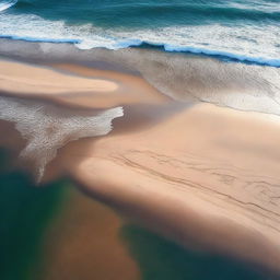 A high-resolution photo capturing a serene beach coast where a river flows into the sea