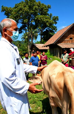 A detailed scene depicting a veterinary investigation into Lumpy Skin Disease (LSD) in cattle, set in the village of Padang Pengrapat, Kecamatan Tana Grogot, Kabupaten Paser