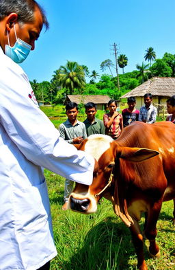 A detailed scene depicting a veterinary investigation into Lumpy Skin Disease (LSD) in cattle, set in the village of Padang Pengrapat, Kecamatan Tana Grogot, Kabupaten Paser